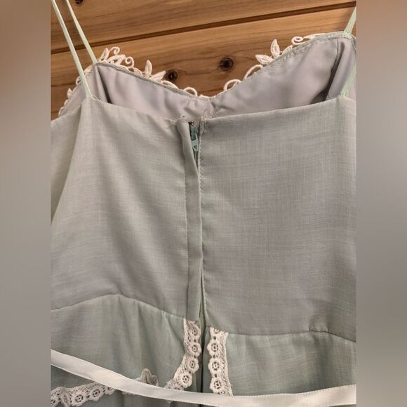 Vintage Size Small Baby Blue Lace Tiered Tie Strap Coquette Prairie Maxi Dress - Picture 9 of 14